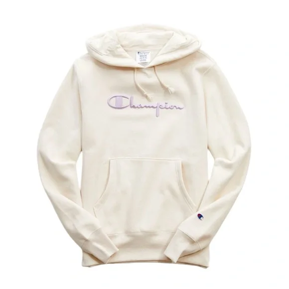 UO Exclusive Champion Reverse Weave Boyfriend Hoodie in Cream/Purple - Picture 3 of 5